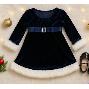 Bonnie Jean Blue Sparkle Velvet Faux Fur Cuff Christmas Holiday Dress – Size 2T